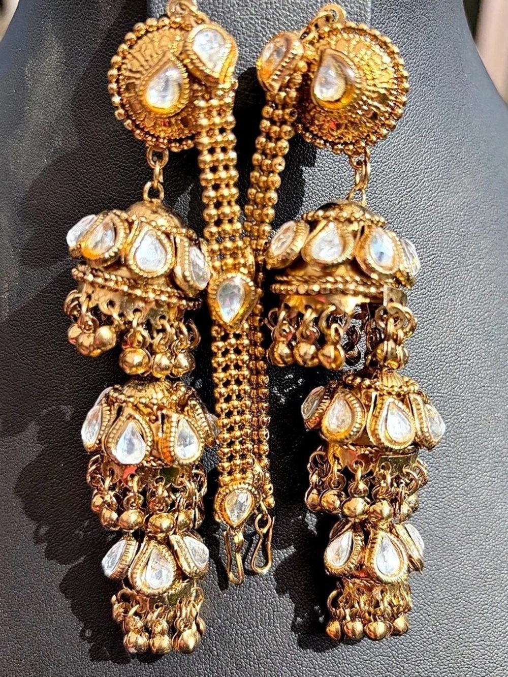 Earrings Drop Dangle 3 Tier Jhumka Gold Tone Clear Rhinestones Kaan Chain 3.25”